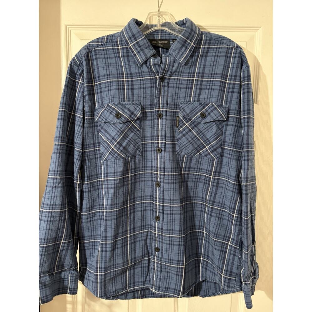 Harley Davidson Essence Flannel Sz L Blue 96401-22VM Motorcycle Biker Plaid
